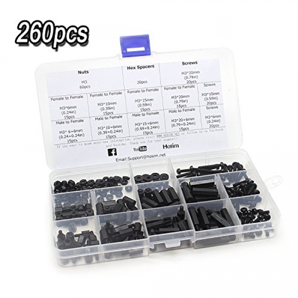 Hosim 260pcs M3 Male-Feminine Nylon Hex Spacer Standoff Screws Nut A host of Equipment, Prototyping Accessories For PCB FPV RC Quadcopter Drone Arduino Circuit Board and DIY
