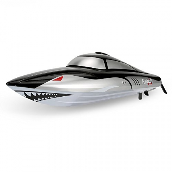 FunTech RC Mannequin Sharkey Racing Boat – Excessive-Dart Electrical Lake and Pool Model [Black]