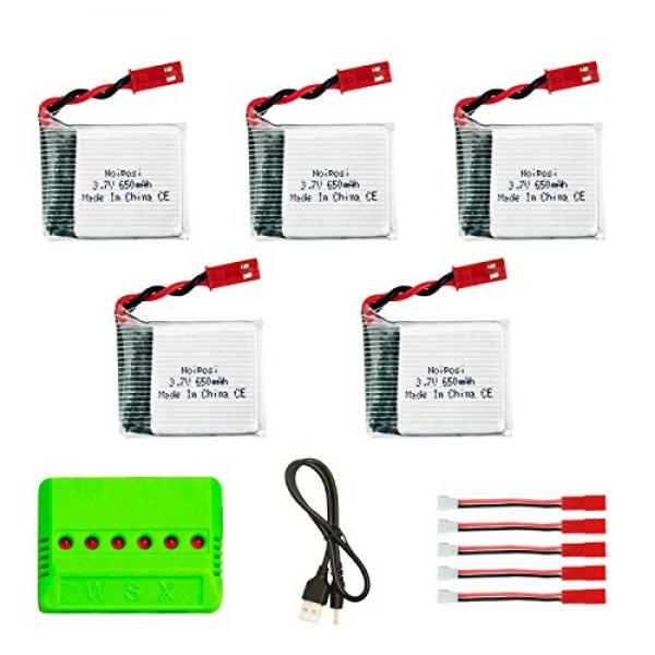 Noiposi 5Pcs Three.7V 650mah Lipo Battery with X6 Charger for TOZO X8tw Q1012 Skyhunter QQPOW X8 Foldable FPV Drone Rc Quadcopter (X8TW Battery)