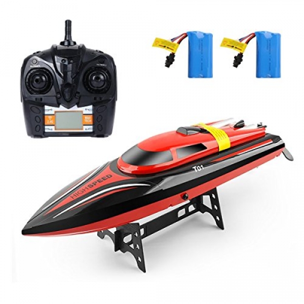 Rodzon RC Boat 2.4GHz 4 Channels with LCD display Remote Management Boat for Adults & Kids with High Bound motor + 2 Batteries -Crimson