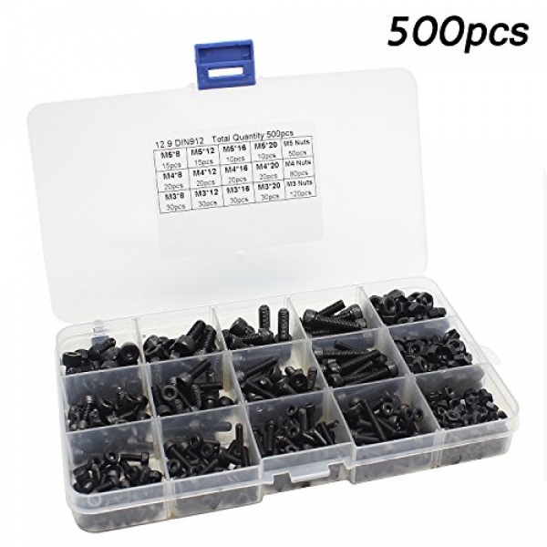 Hosim 500pcs M3 M4 M5 Thread Dimension Alloy Steel Socket Cap Screws Hex Head Trudge Nuts Assortment Equipment, Prototyping Equipment for PCB FPV RC Quadcopter Drone Arduino Circuit Board (Shaded Oxide Live)