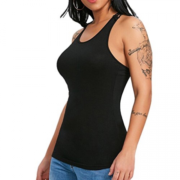 Sikye Moderately Gift, for Ladies Vest Horny U Neck Lace Clear Racerback Tank Tops Hollow Out Sport (Black, L)
