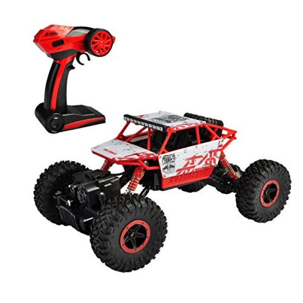 Hapinic RC Automobile 4wd 2.4Ghz 1/18 Crawlers Off Road Vehicle Toy Faraway Defend watch over Automobile Crimson Shade with Two Battery