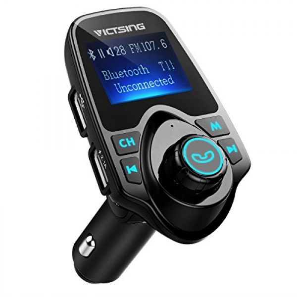 VicTsing Bluetooth FM Transmitter for Automobile, Wi-fi Bluetooth Radio Transmitter Adapter with Hand-Free Calling and 1.44” LCD Display, Tune Player Make stronger TF Card USB Drive AUX Enter/Output,