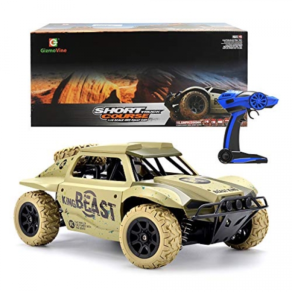 Gizmovine RC Automobiles 1/18 Scale 4wd High Bustle Automobile 15.5MPH+ 2.4Ghz Radio Distant Lend a hand watch over Off Avenue Racing Monster Automobiles Mercurial Electric Speed Desert Energy (Khaki)