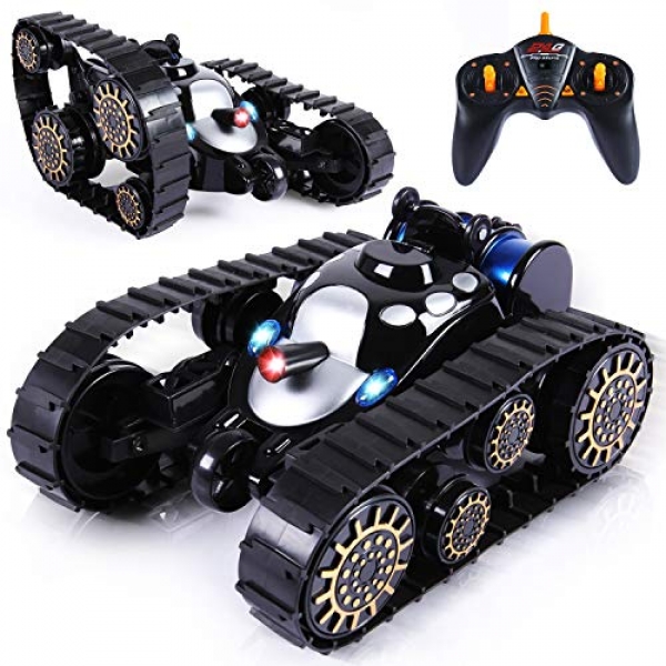 RC Tank Toy for Youth, Remote Regulate Fight Tank Truck Toy 360 Flip LED Lights Tune Anti-Shock Continuous Display screen,