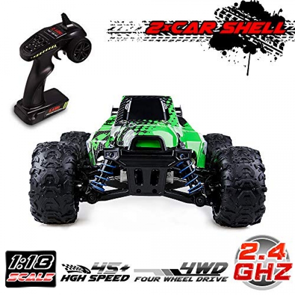 Distianert RC Truck 1/18 Scale Flexible Four wheel pressure RC Vehicle for Children & Adults, 2.4Ghz Radio Managed Off-Highway Digital Monster Truck R/C RTR Hobby Grade 45km/H Excessive Wobble(with an Further Shell)