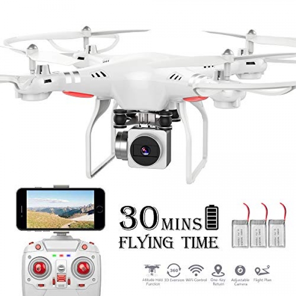 RC Drone,WiFi 720P HD Camera Dwell Video RC Quadcopter with Altitude Withhold, Gravity Sensor Characteristic, RTF and Straight forward to Flee for Beginner with 3 Batteries and 2 Motors (White)