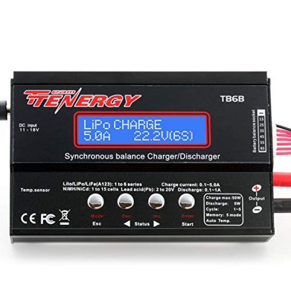 Tenergy TB6-B Steadiness Charger Discharger 1S-6S Digital Battery Pack Charger for NiMH/NiCD/Li-PO/Li-Fe Packs w/ LCD Display Hobby Battery Charger w/ Tamiya/JST/EC3/HiTec/Deans Connectors + Energy Provide