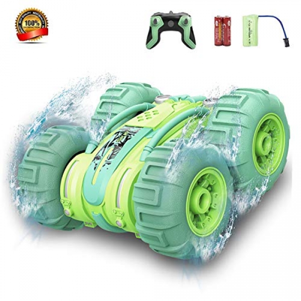 Water-resistant RC Far off Bear an eye on Stunt Car, 2.4Ghz four wheel pressure Water and Land RC Car Boat Truck 360 Level Spinning and Flips Racing Car Toys for Children Christmas Birthday Gift (Green)