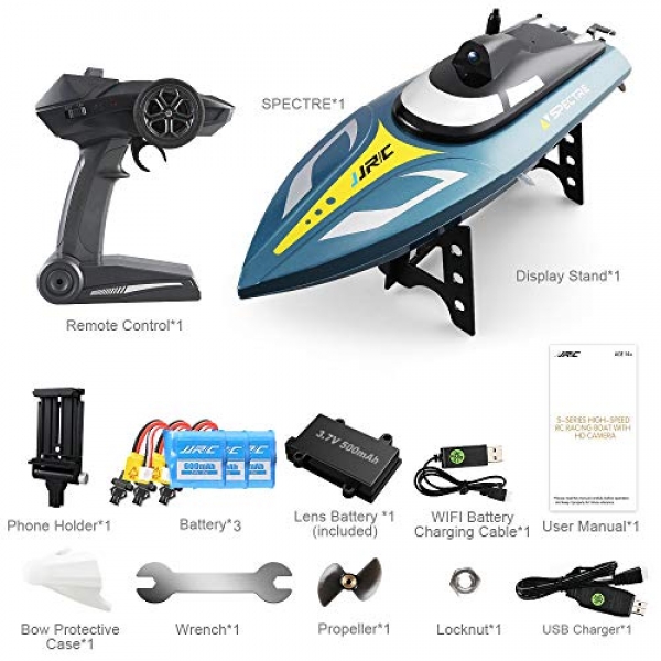 ElementDigital JJR/C RC Boat S4 Spectre 2.4G 720P WiFi FPV Camera 25km/h Capsizing Recovery Water Cooling Machine High Speed RC Racing Ghost Boat Toy Children Gift three Boat Battery