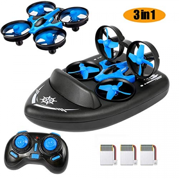 Mini Drone for Teens Adults – JJRC Upgraded Model H36F 3 in 1 RTF RC Quadcopter Boat Sea-Land-Air 2.4G 6-Axis Gyro Helicopter with Headless Mode 3D Flips One Key Return Drone for Beginners 3 Batteries