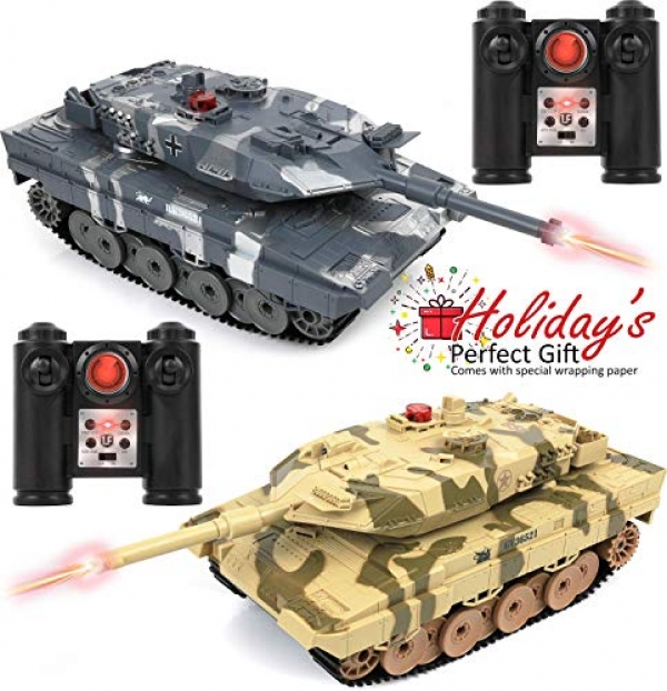 Click on N’ Play RC War Tank Infrared Fleshy Dimension 15″ Tanks with LED Indicators Rotating Turret Detailed Designed Practical Lights and Sounds Single and Multi-Player Modes (Map of 2)