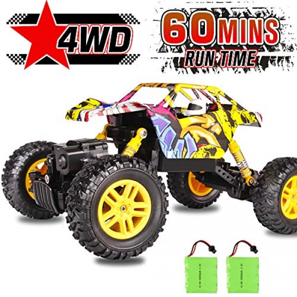 RC Automobile DOUBLE E 1/18 Remote Wait on watch over Automobile Four wheel force Monster Truck 2.4Ghz with Two Rechargeable Batteries Dual Motors Outlandish Graffiti Off Boulevard Rock Crawler