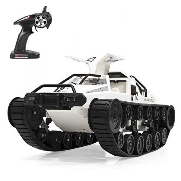 GoolRC RC Tank Automobile, 1/12 Scale 2.4GHz A long way-off Administration Rechargeable Tank for Children, 360° Rotating Automobile Presents for Boys Ladies Teens (White)