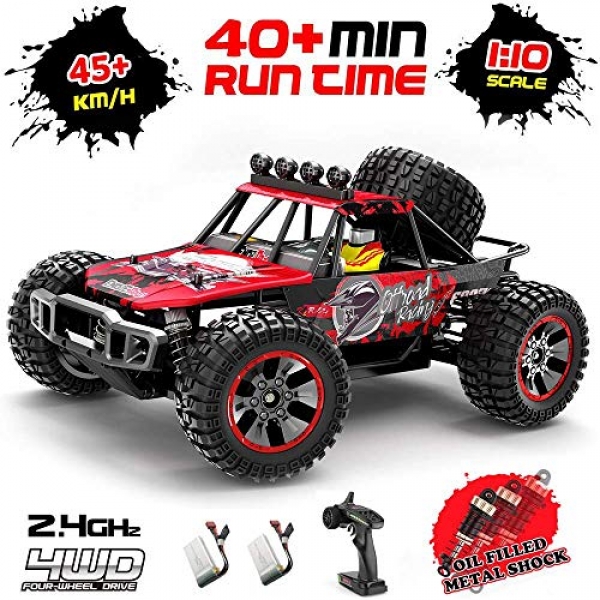 RC Automobile,1:10 Scale 4MD/46KM/H Excessive Bustle All Terrain Off-Boulevard Buggy.High quality Monster Water-resistant Vehicles, 2.four GHz Radio Managed Automobile,2 Rechargeable Batteries,Alloy Oil Pressure Shock Absorber