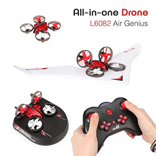 Mini Drone RC Glider Plane Hovercraft -YSTFLY three in 1 RC Quadcopter with 2.4Ghz Remote Attach watch over 3D Flip Headless Mode All in One Drone L6082 for Kids (three Batteries)