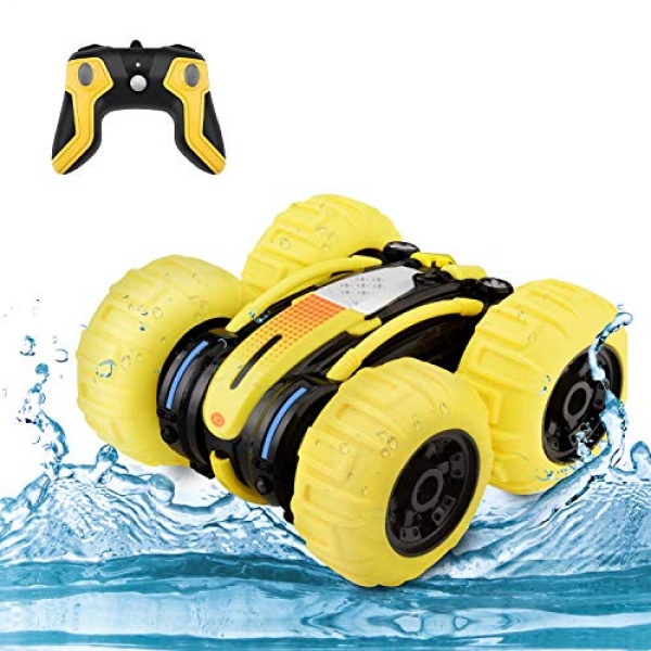 WomToy Water resistant Stunt RC Automobile,four wheel force Amphibious Faraway Withhold watch over Automobile Boat Double Sided Driving On Water & Land Electric Stunt Automobile for Formative years with 360° Spins and Flips