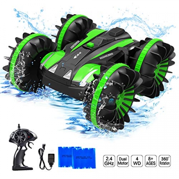 Yuboa Water resistant RC Vehicles 4wd A ways-off Sustain an eye on Automobile Boat,2.4Ghz 360 Level Spins and Flip Water Land Automobile Automobile,Double Sided Stunt Water resistant RC Truck Toy for Boys Younger of us Inexperienced