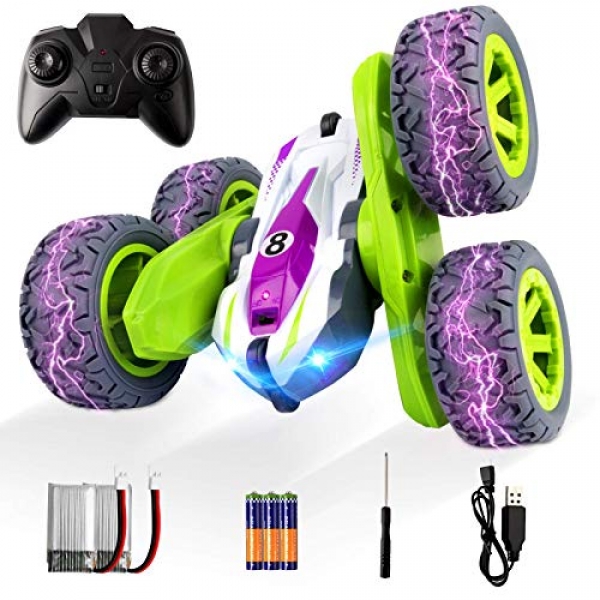ADDSMILE Distant Adjust Car for Boys Girls, RC Stunt Car 4 wheel pressure 2.4Ghz Double Sided 360° Rotating RC Cars Excessive Urge Automobile Toy with Headlights for Kids Over 4 Years Historical (All Batteries Integrated) (Green)